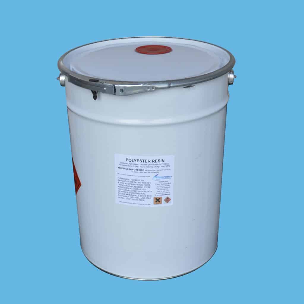 white 20 litre tin containing polyester resin